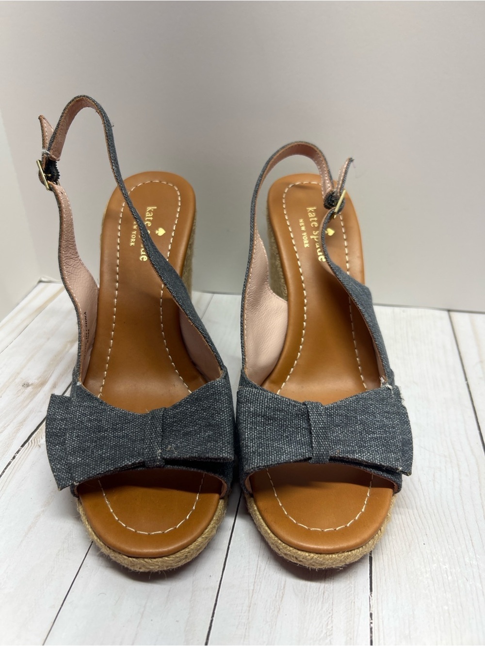 Kate Spade Jaden Chambray Wedge Sandals Bow Espadrille Size 8.5M - Picture 3 of 11